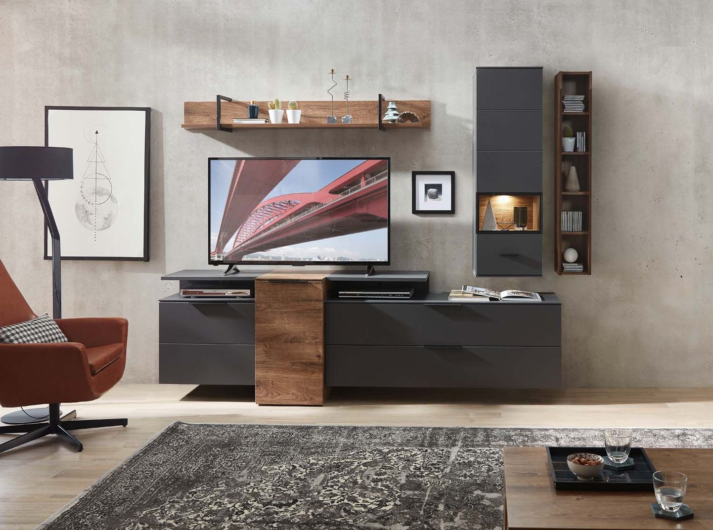 Mediana TV-Element Grau/Haveleiche Cognac - Voelpe