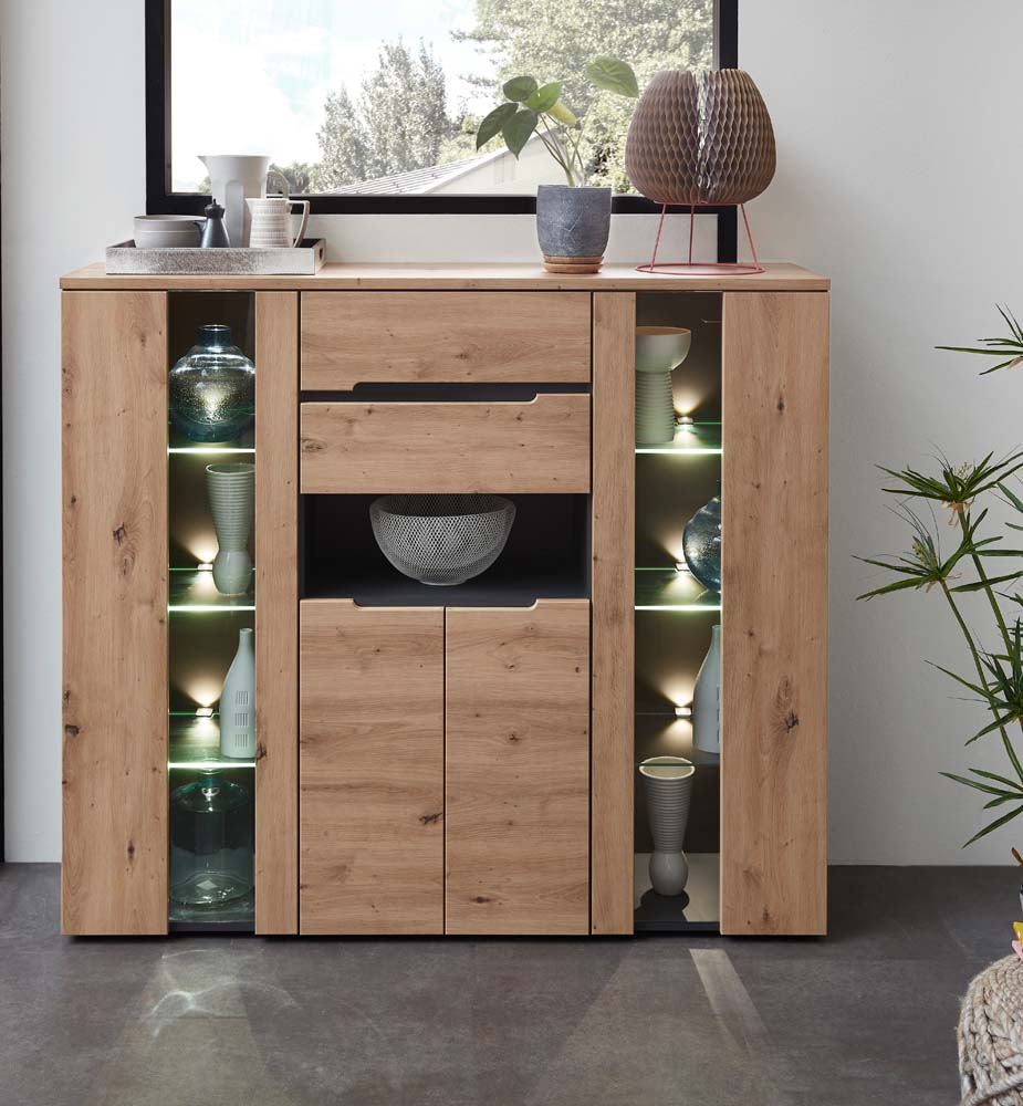 Memphis Highboard inkl. LED-Beleuchtung Graphit / Artisan Eiche - Voelpe