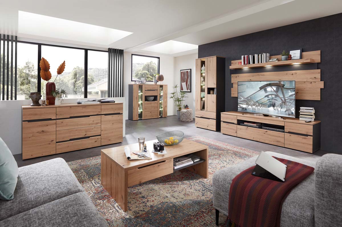 Memphis 6-teiliges Wohnzimmer Komplettset inkl. LED-Beleuchtung Graphit / Artisan Eiche