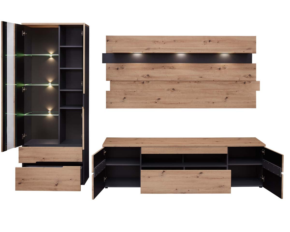 Memphis 3-teiliges Wohnzimmer Komplettset inkl. LED-Beleuchtung Graphit / Artisan Eiche - Voelpe