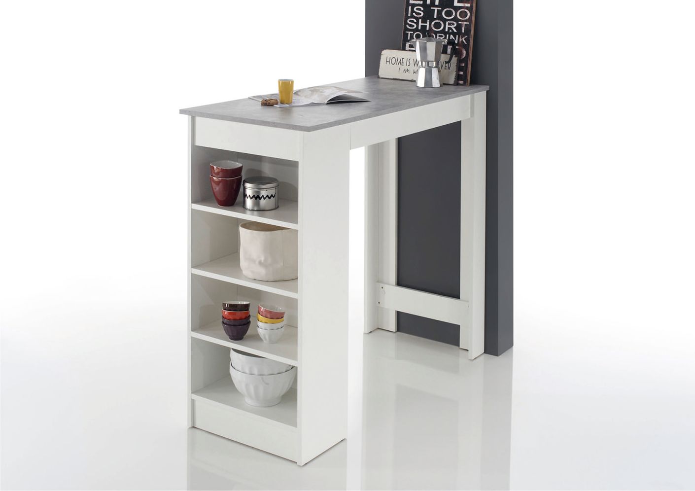 21748 Bartisch mit Regal Weiß / Beton Beton / Weiß