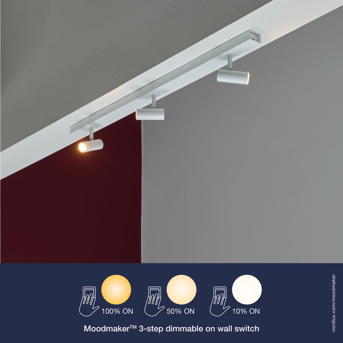 Omari Deckenlampe 3-Spots 78x12 cm mit Moodmaker Dimmer Weiß