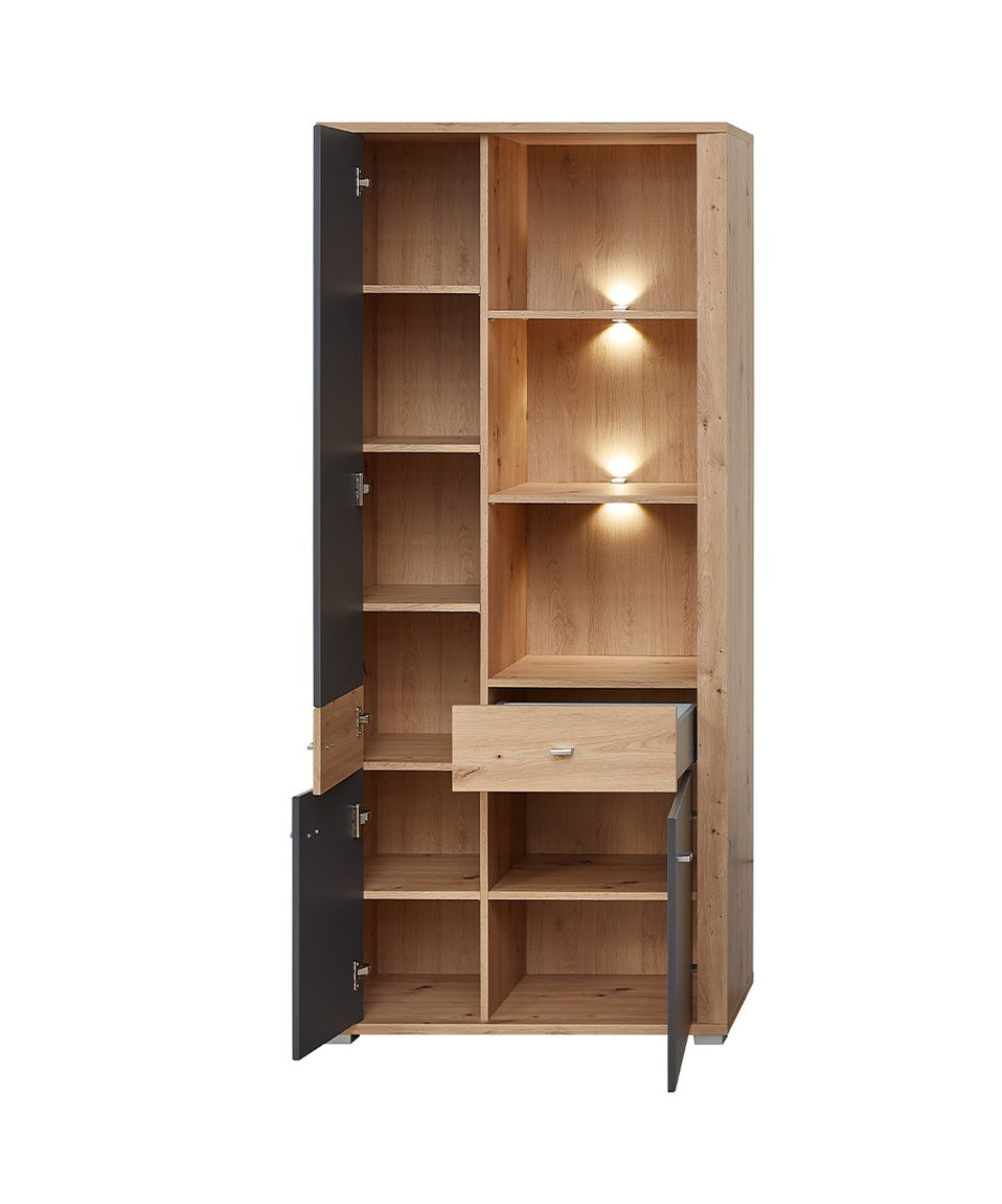 Pablo Vitrinenschrank inkl. LED-Beleuchtung Graphit / Artisan Eiche