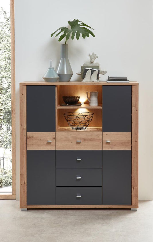 Pablo Highboard inkl. LED-Beleuchtung Graphit / Artisan Eiche