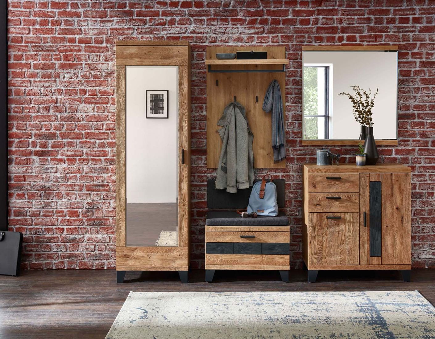 53861 Persiko Garderobenschrank fertig montiert Wildeiche massiv
