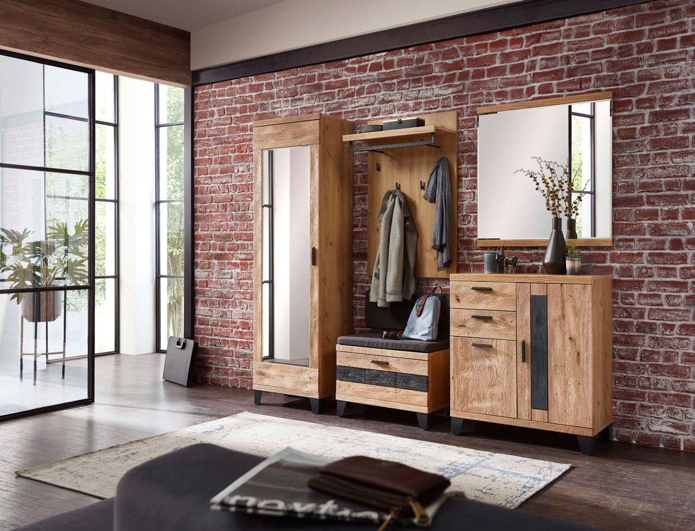 53862 Persiko Garderobenschrank fertig montiert Wildeiche massiv