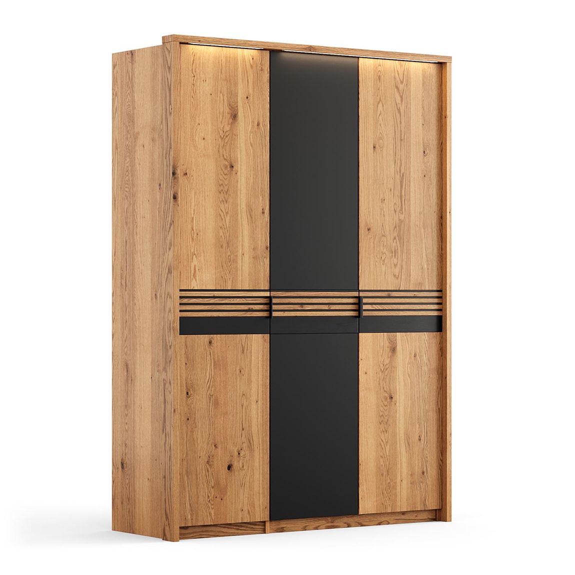 Ravello Kleiderschrank Drehtürenschrank 3-türig 156 cm Massivholz Eiche, geölt/Glas Schwarz