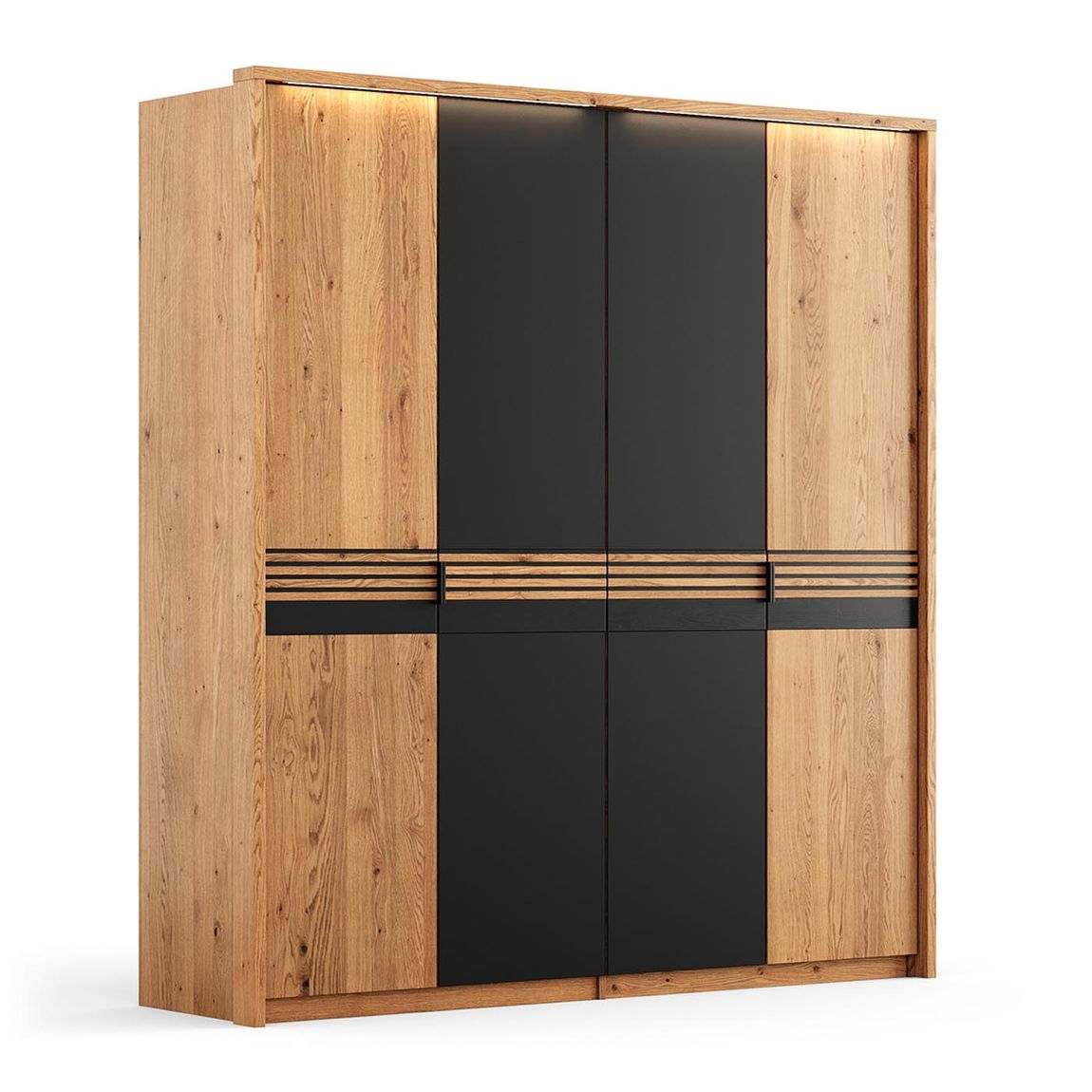 Ravello Kleiderschrank Drehtürenschrank 4-türig 206 cm Massivholz Eiche, geölt/Glas Schwarz