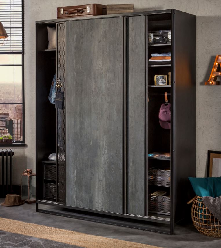 Cilek DARK METAL Kleiderschrank Kinderschrank Schiebetürenschrank Grau / Schwarz