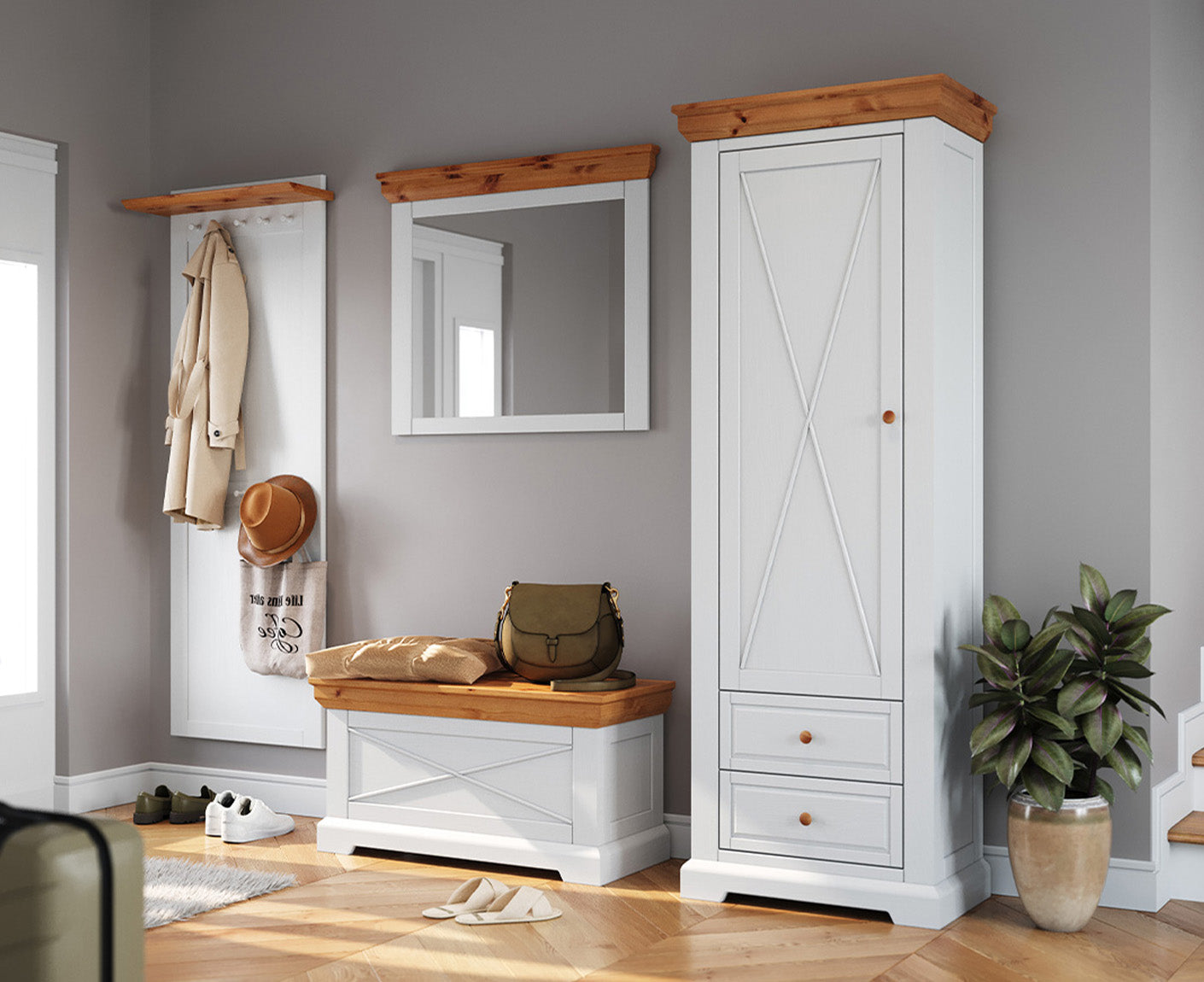 Marone Elite Garderobenpaneel Massivholz Weiß / Grau