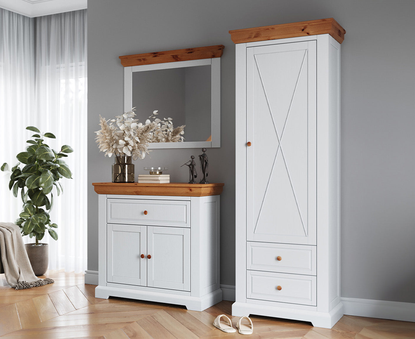 Marone Elite Garderobenschrank Massivholz Weiß / Grau