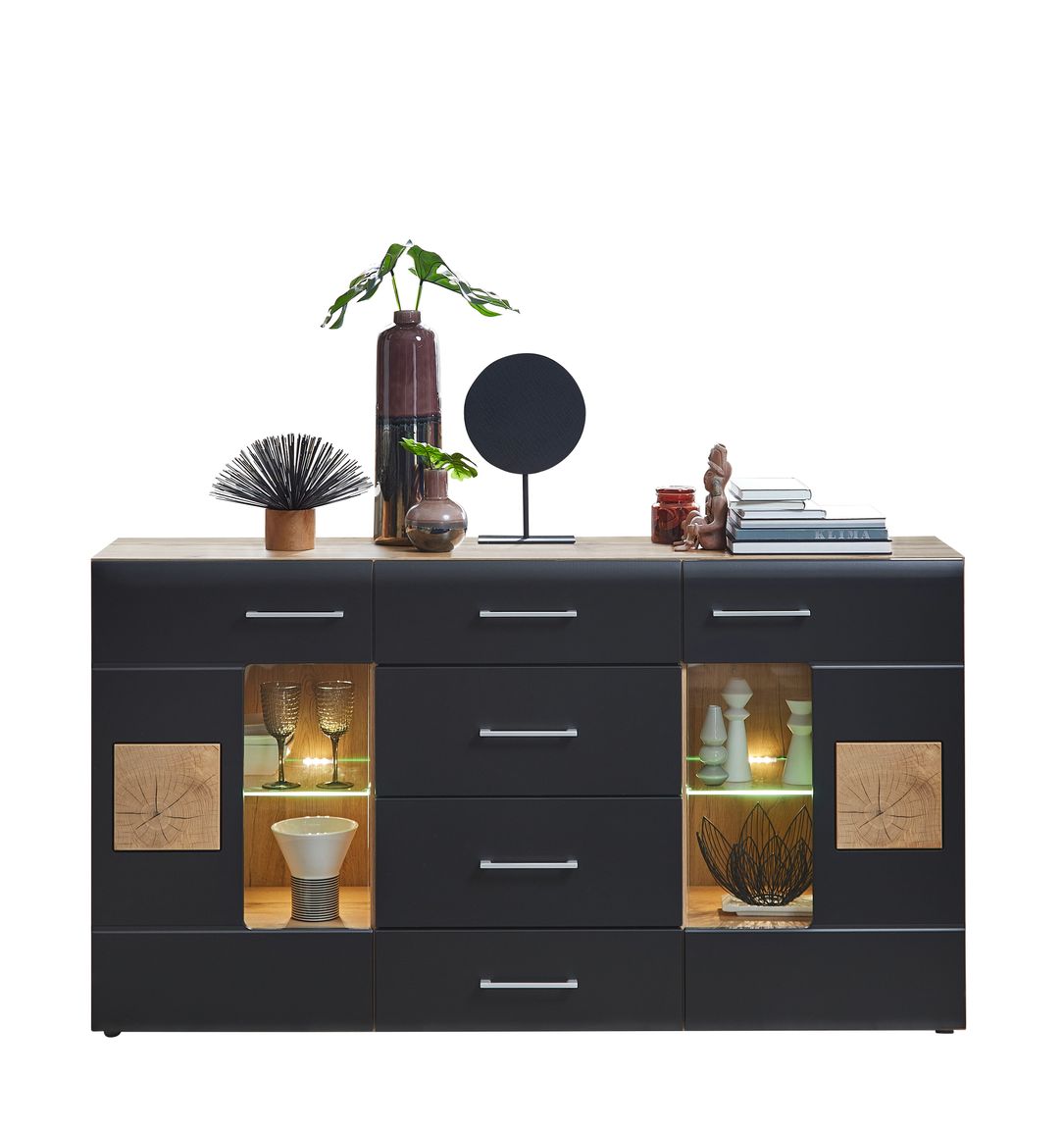 Sonate Sideboard inkl. LED-Beleuchtung Schwarz supermatt / Hirnholz