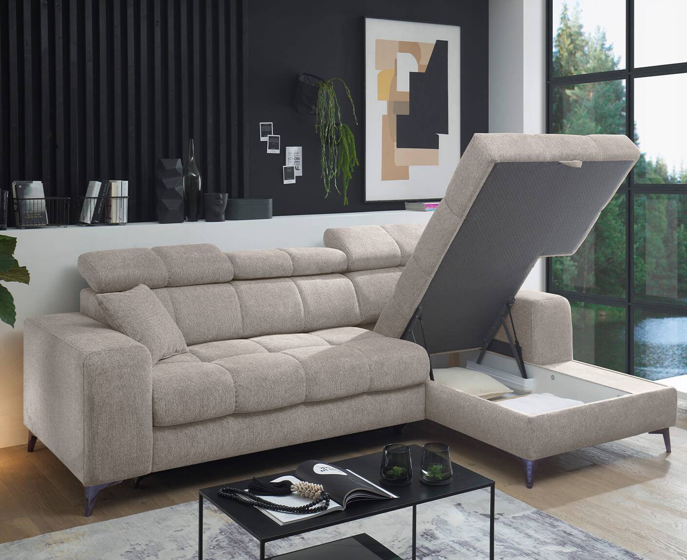 Sydney Ecksofa Longchair 268 x 172 cm, mit Schlaffunktion & Bettkasten - Voelpe