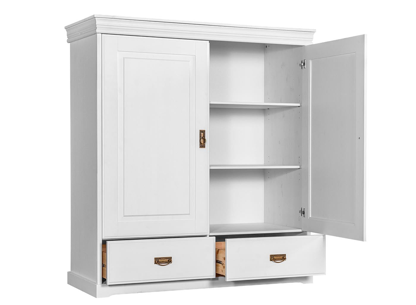 Toskania Massivholz Kleiderschrank 2-türig mit Schubladen 130x142 cm Weiß