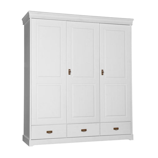 Toskania Massivholz Kleiderschrank 3-türig mit Schubladen 193x218 cm Weiß