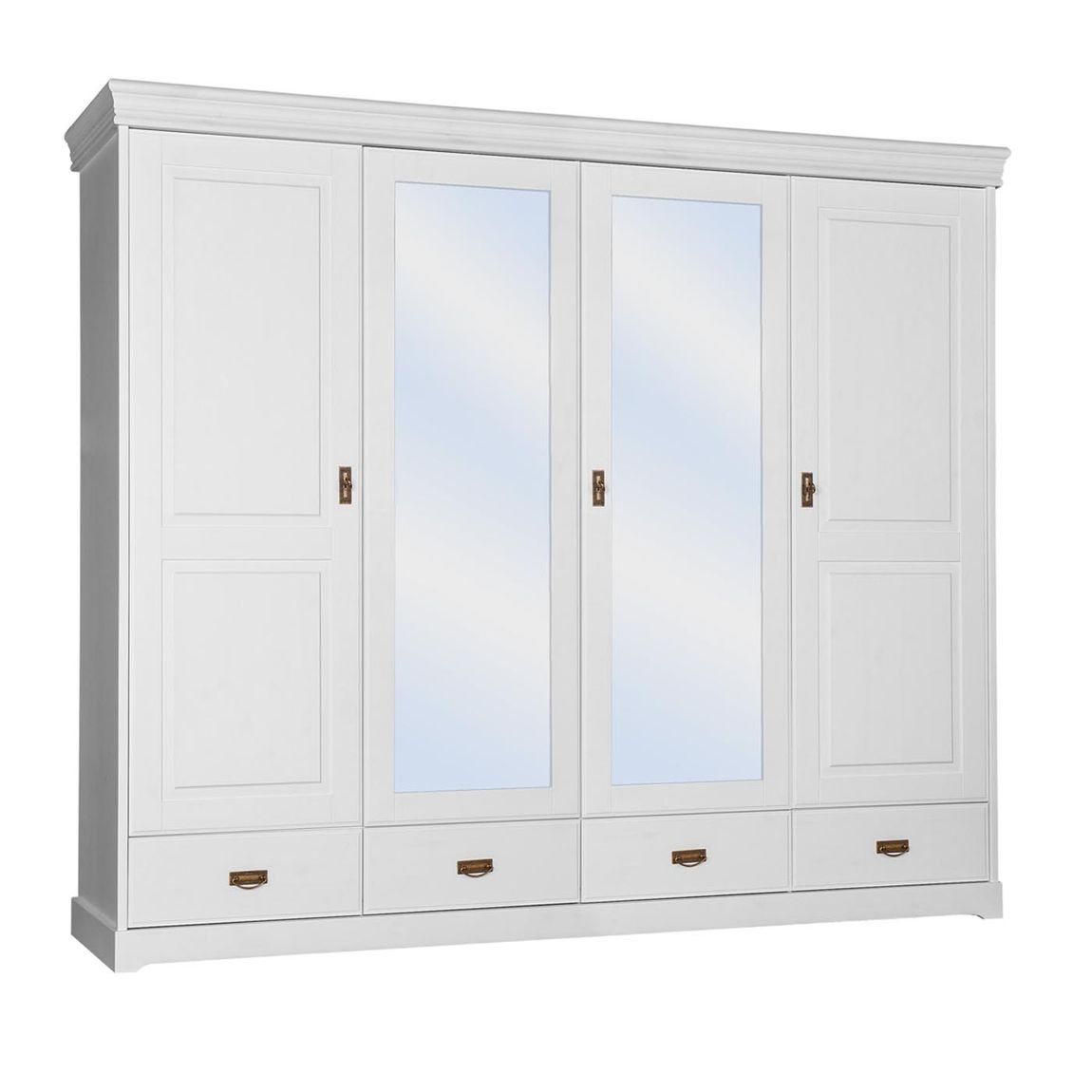 Toskania Massivholz Kleiderschrank 4-türig mit Spiegel 253x218 cm Weiß