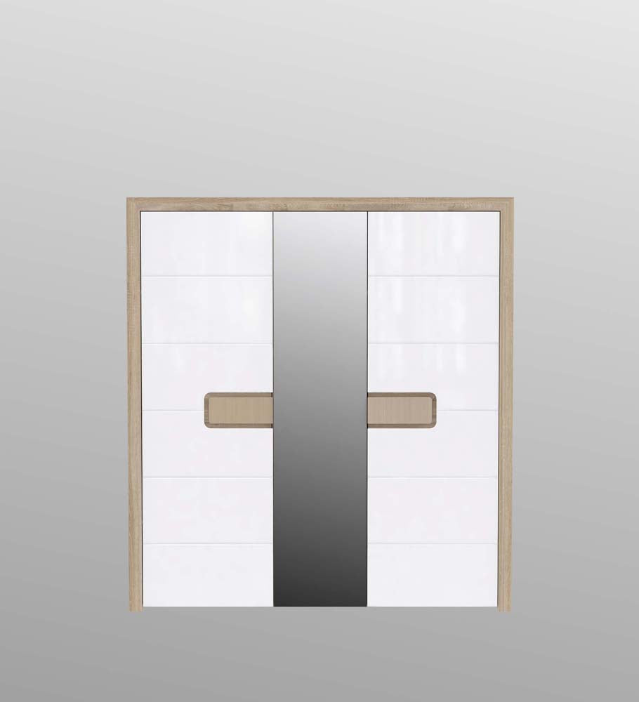 SINOP Drehtürenschrank mit Spiegel Eiche Antik / Beige Hochglanz