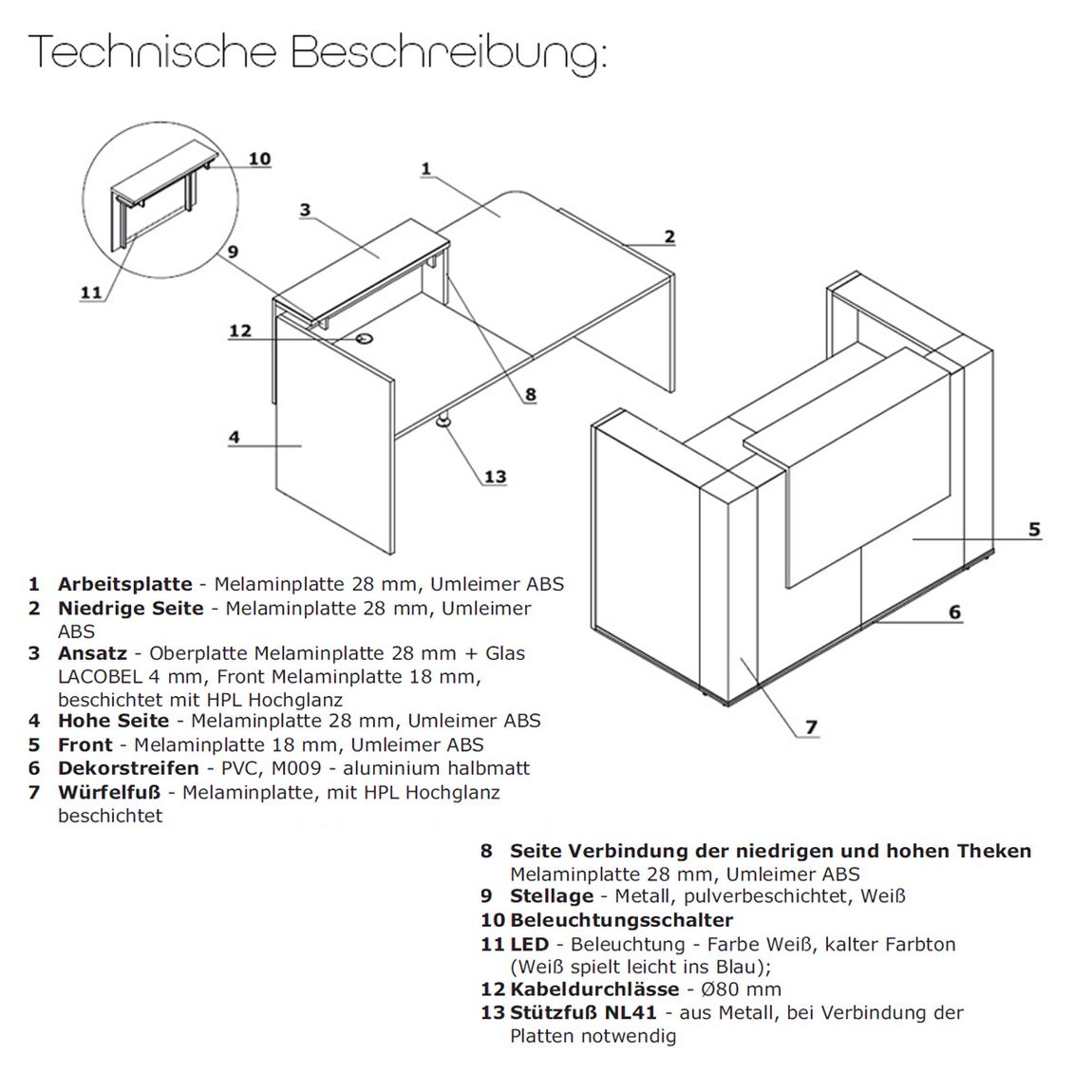 Tera Empfangstheke 1, Größe wählbar, Kanadische Eiche