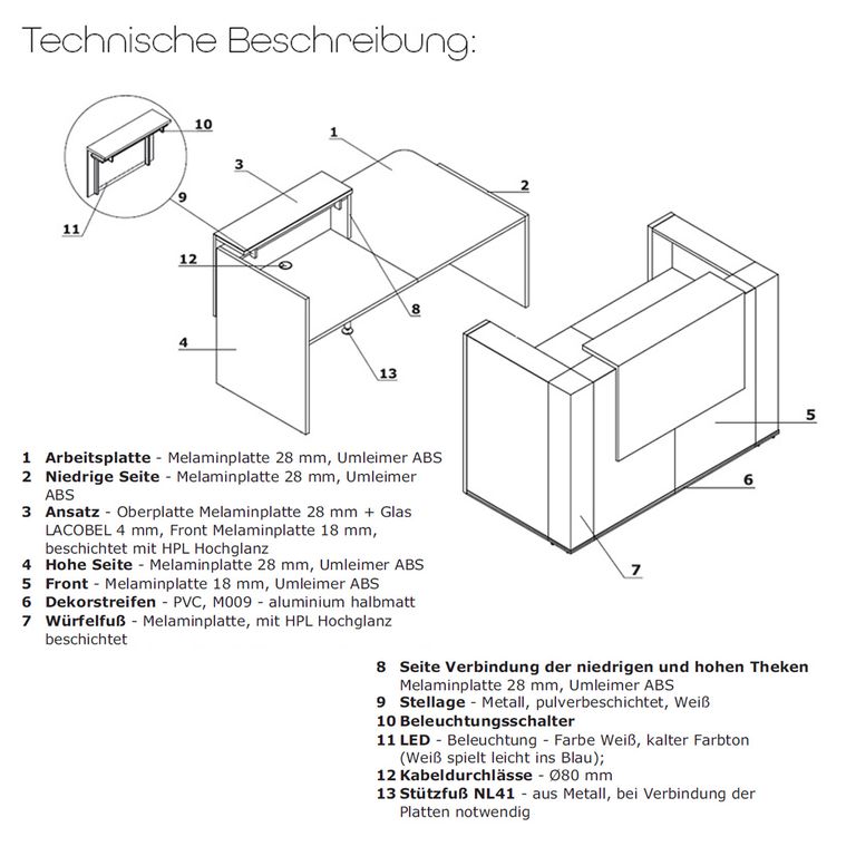 Tera Empfangstheke 1, Größe wählbar, Aluminium Satinato