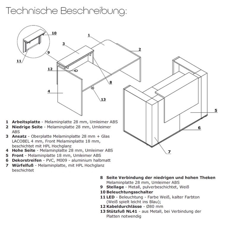 Tera Empfangstheke 9, Größe wählbar, Anthrazit / Front wählbar