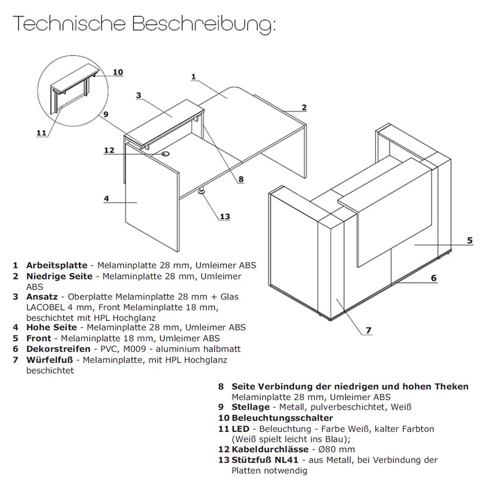 Tera Empfangstheke 6, Größe wählbar, Eckig Polarbirke / Front wählbar