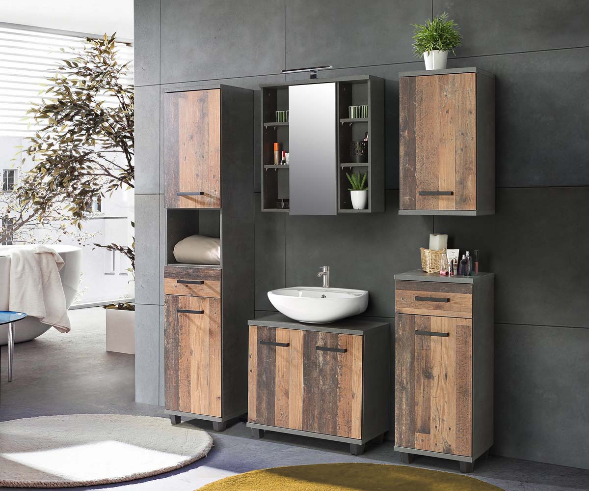 VILNIUS Spiegelschrank 1-türig inkl. Beleuchtung Old-Wood Vintage / Dunkelgrau