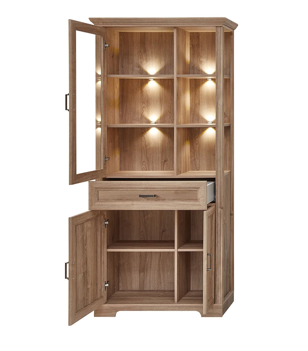 Vienna Vitrinenschrank 93 cm Breite inkl. LED-Beleuchtung Karlstad Eiche / Wiener Geflecht