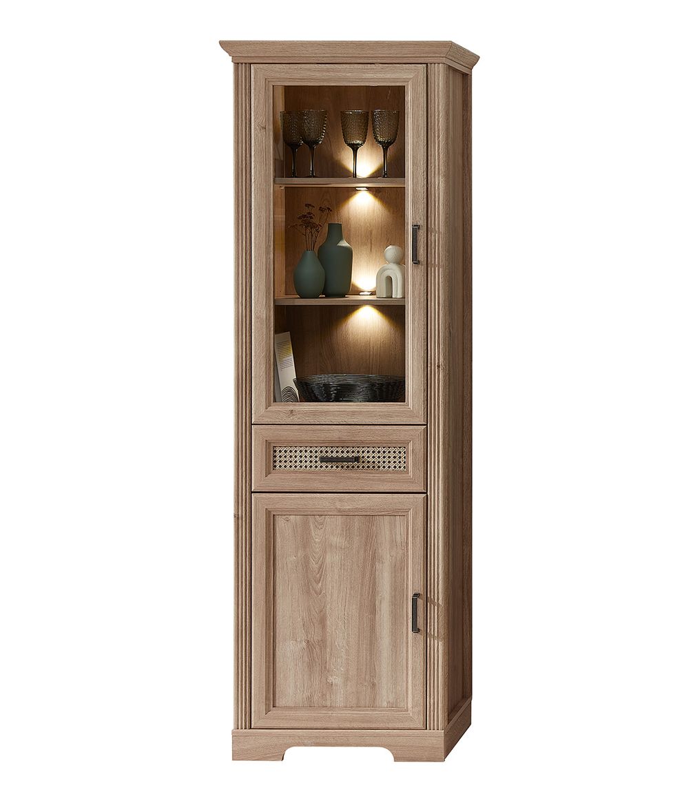 Vienna Vitrinenschrank 66 cm Breite inkl. LED-Beleuchtung Karlstad Eiche / Wiener Geflecht