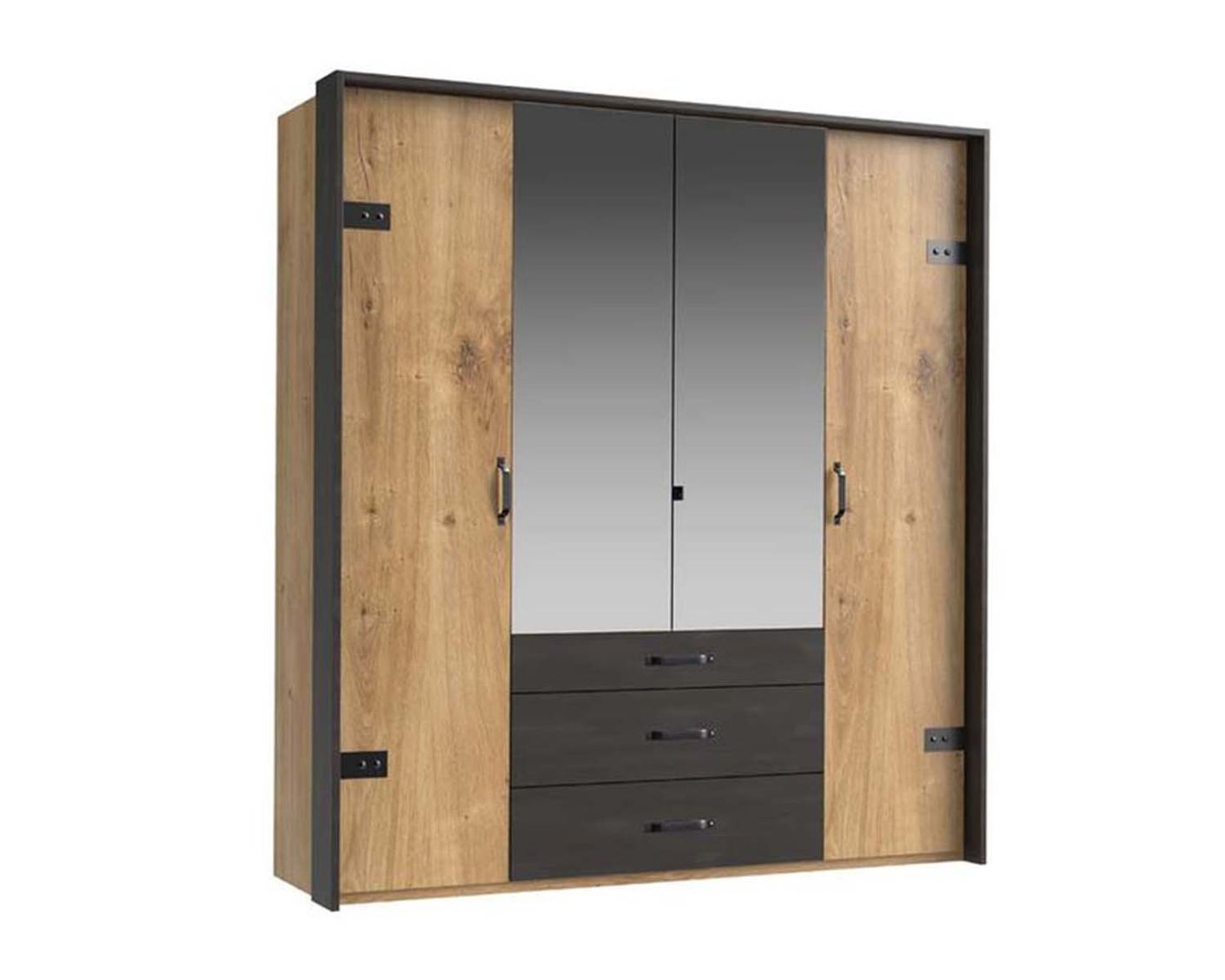 Detroit 4-türiger Kleiderschrank mit Spiegel Plankeneiche / Schwarz