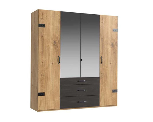 Detroit 4-türiger Kleiderschrank mit Spiegel Plankeneiche / Schwarz