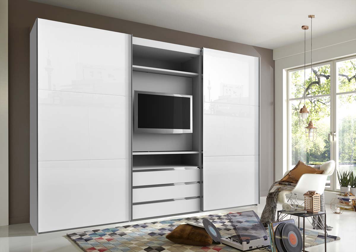 magicGlas Schwebetürenschrank mit TV-Element Weiß