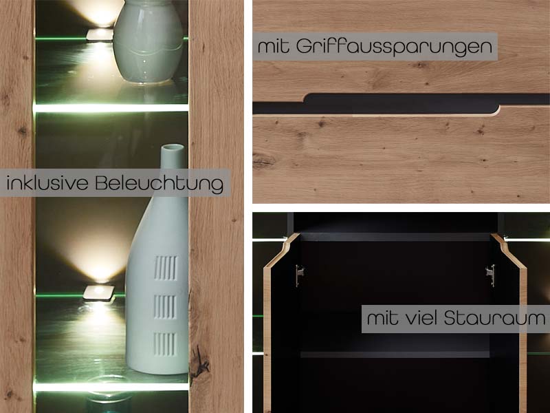 Memphis 3-teiliges Wohnzimmer Komplettset inkl. LED-Beleuchtung Graphit / Artisan Eiche - Voelpe